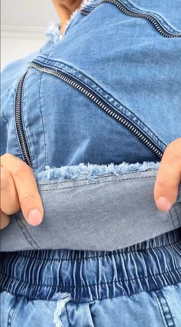 Damski garnitur z jeansu vintage z zamkiem błyskawicznym