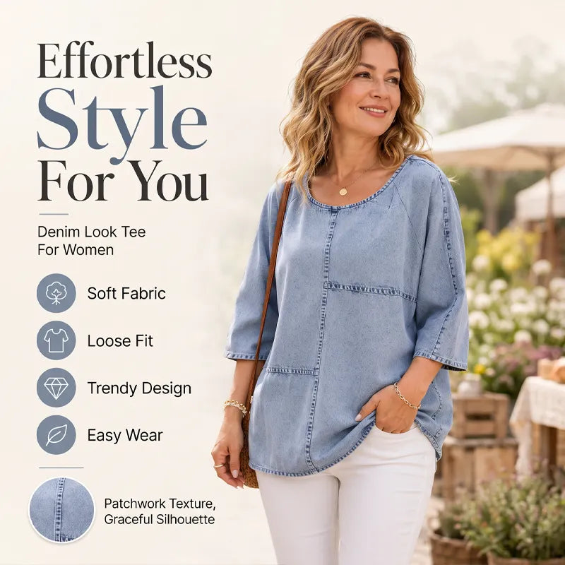 👚✨ Casualowy T-shirt dżinsowy z nadrukiem i ozdobnymi szwami – luźny krój, styl oversize, dżinsowy niebieski👌🌿