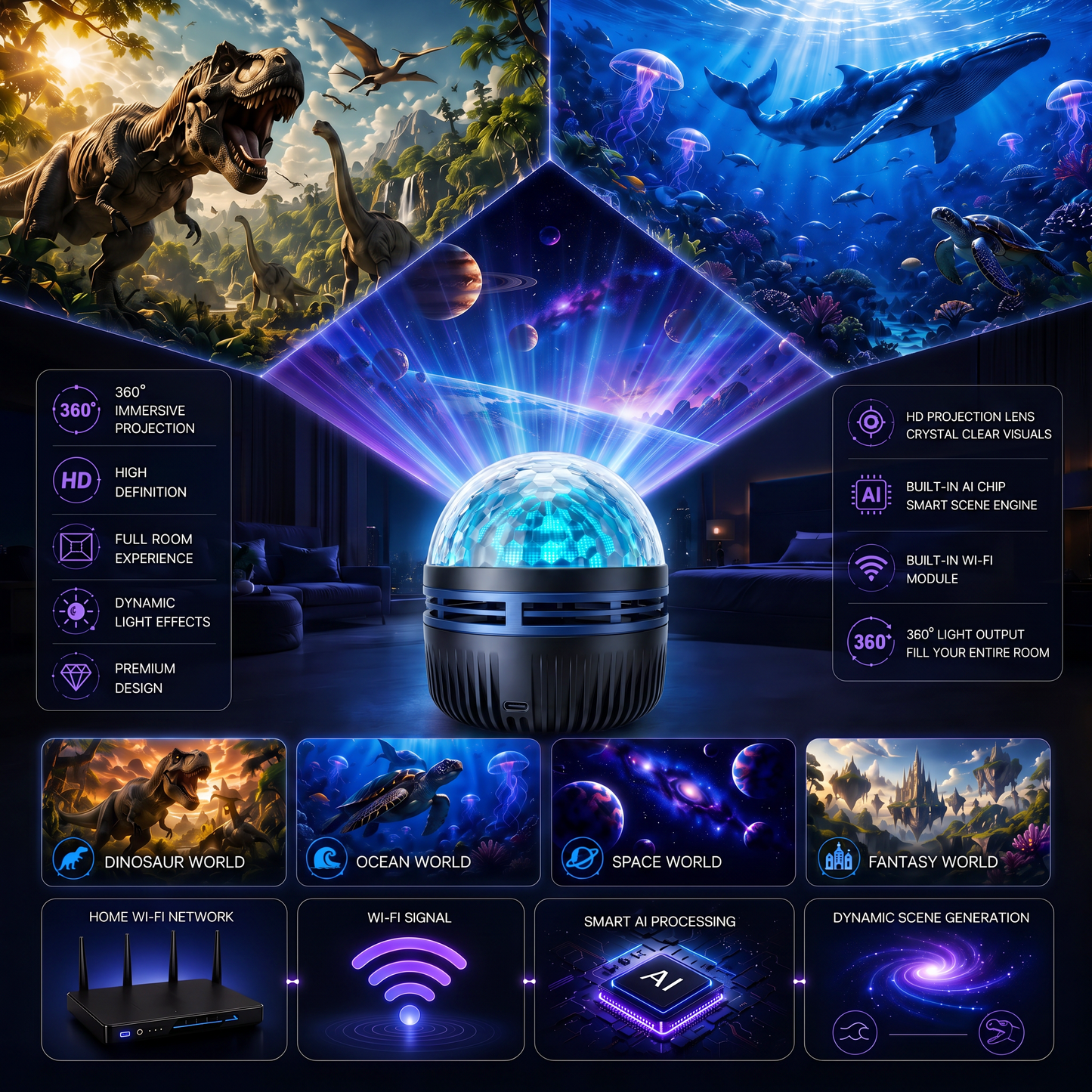 🦖🎁360° Inteligentny holograficzny projektor rozgwieżdżonego nieba (HD Smart Dynamic 5D)