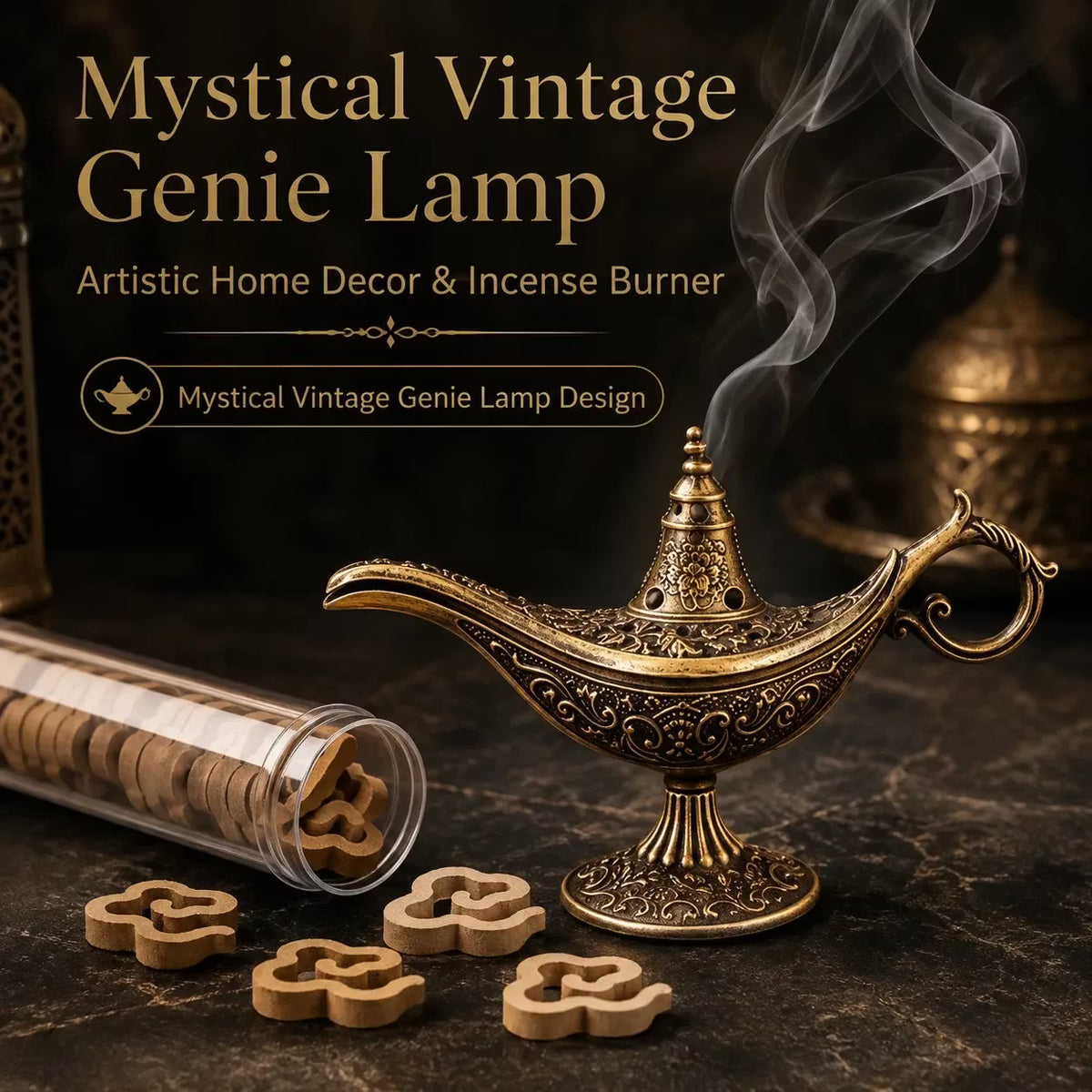 🔥Zabytkowy uchwyt na kadzidełko z lampą Aladyn Genie 🎁【W zestawie 42 chipsy z naturalnego drzewa sandałowego】