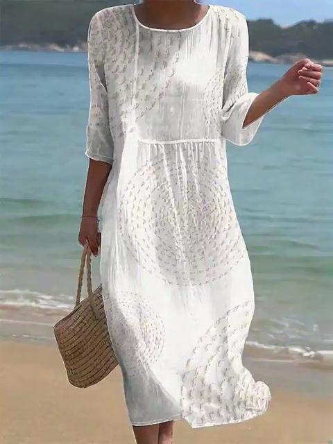 Women's Casual Solid Color Round Neck Mid Sleeve Floral Print Cotton and Linen Dress