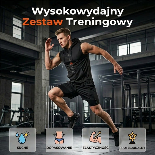 Męski sportowy komplet – bezrękawnik z kapturem i szorty