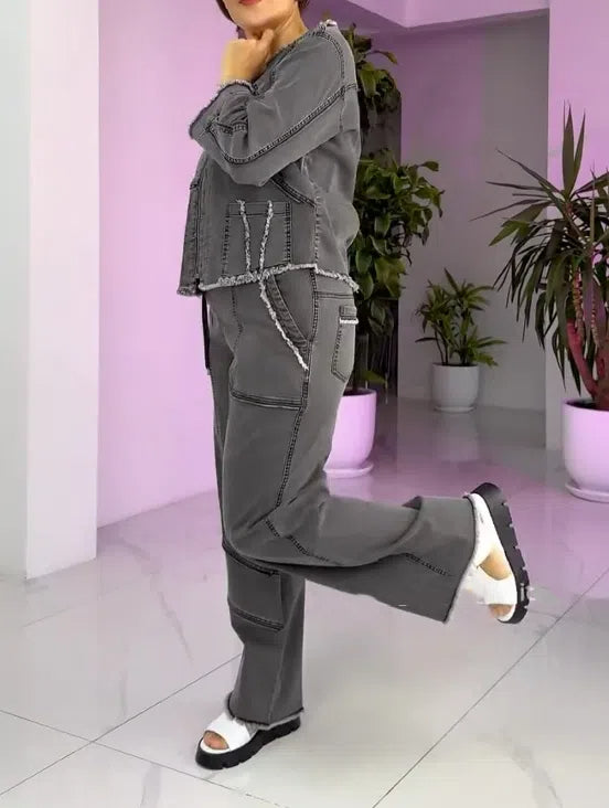 Damski garnitur z jeansu vintage z zamkiem błyskawicznym