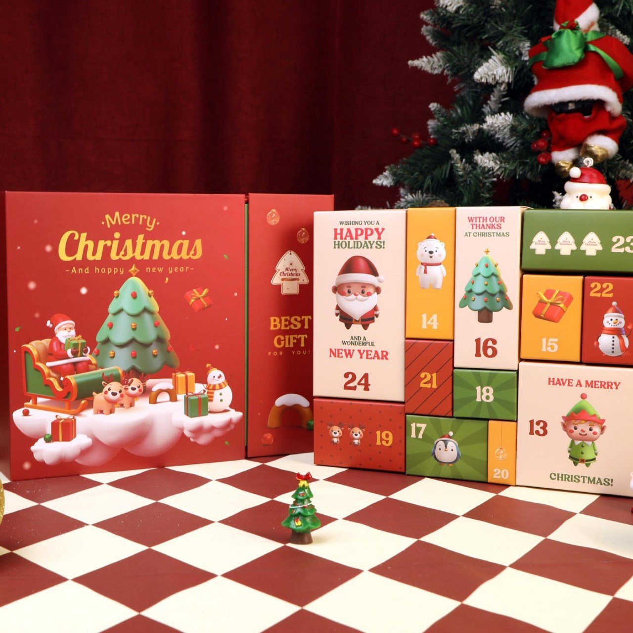 Różowy marmurowy kalendarz adwentowy 2025, 24-dniowe pudełko z odliczaniem do świąt Bożego Narodzenia