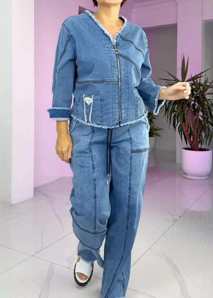 Damski garnitur z jeansu vintage z zamkiem błyskawicznym