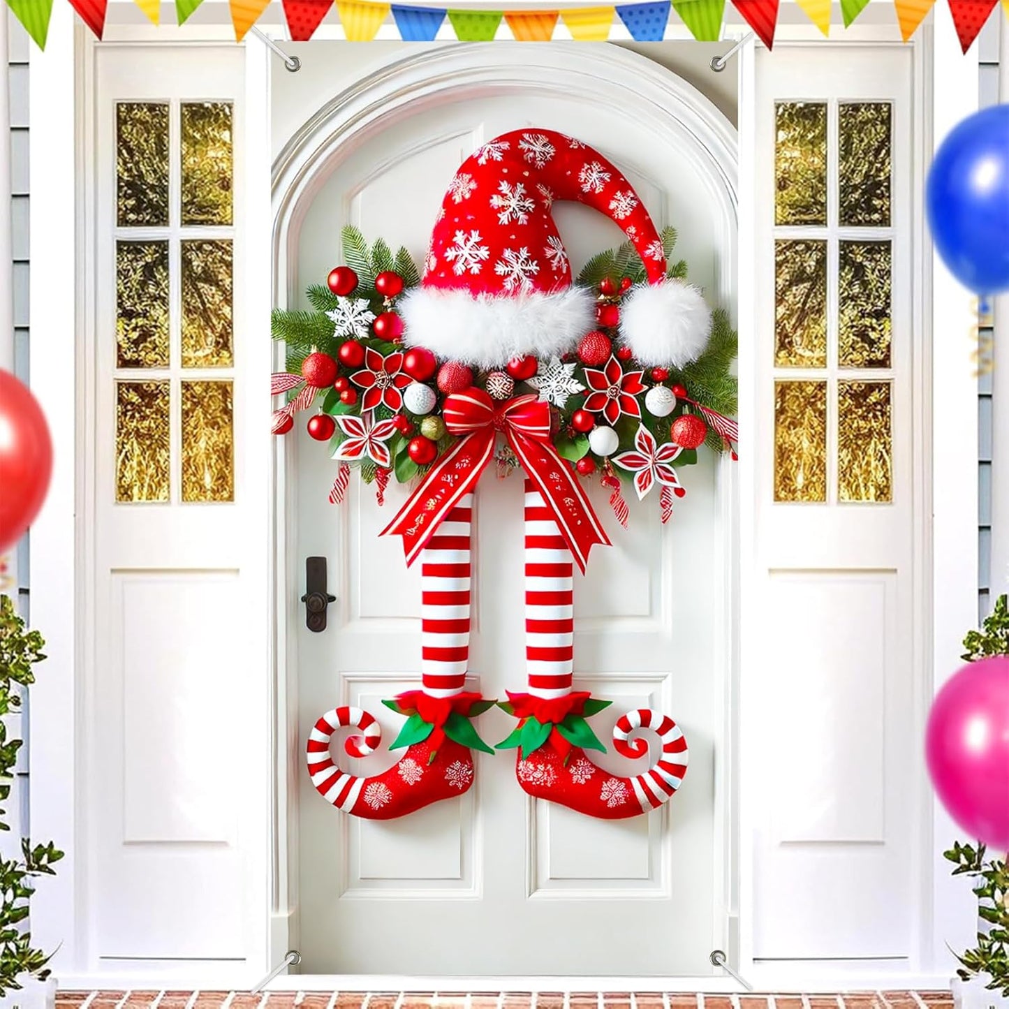 Świąteczny baner z nogami elfa na drzwiach