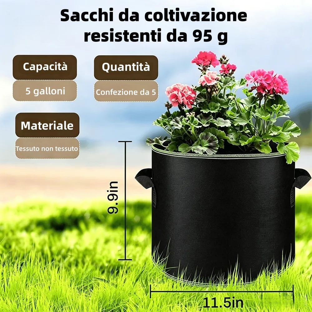 🌱 Opakowanie 5 worków uprawowych o pojemności 19 litrów (5 galonów) – wytrzymałe, oddychające doniczki z materiału z uchwytami do warzyw, kwiatów i owoców