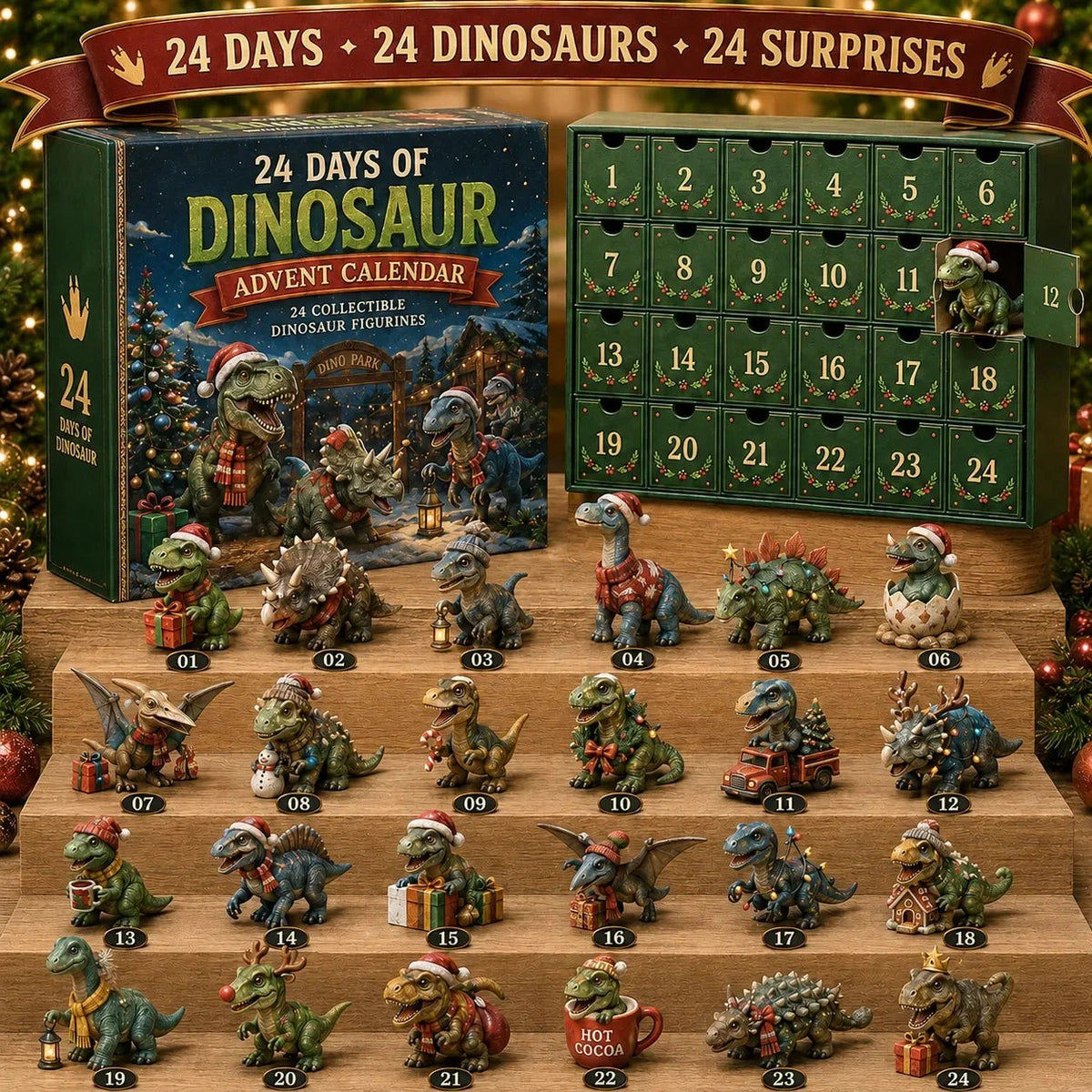 ✨24 Days of Dinosaur Christmas Advent Calendar – 24 Collectible Dino Figurines & Holiday Surprises