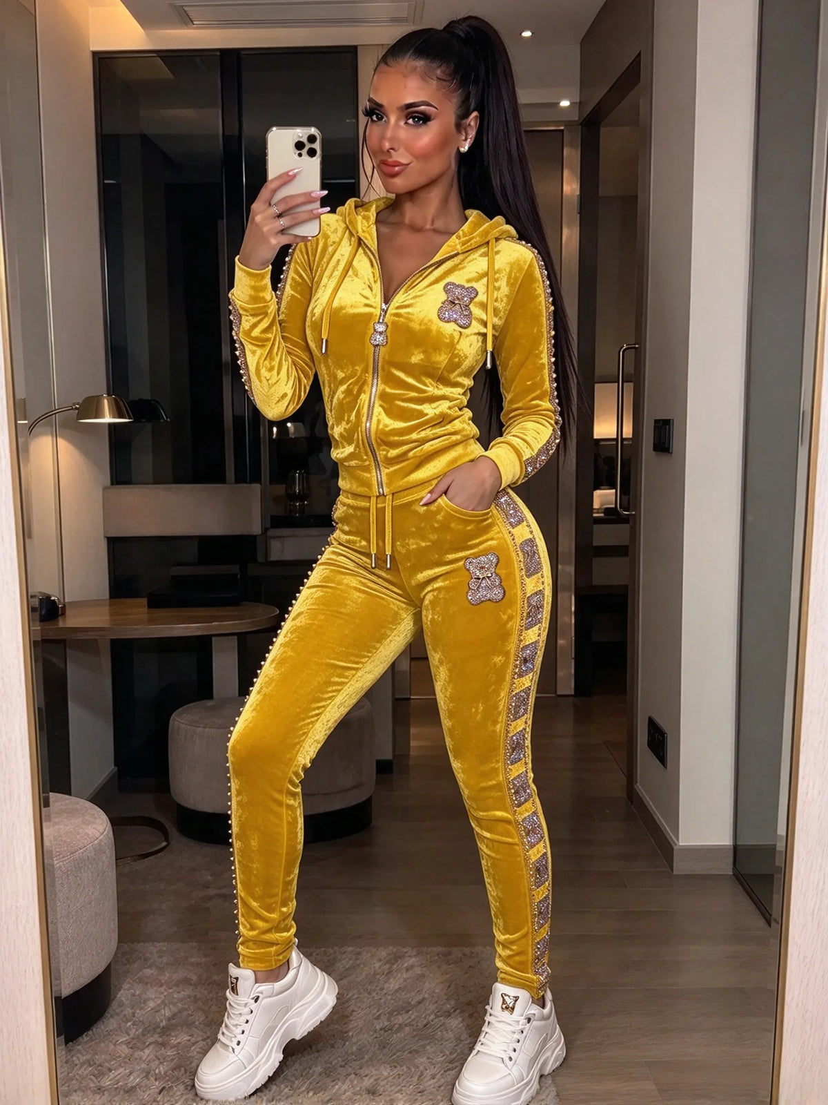 Women's Fashion Rhinestone Teddy Bear Two-Piece Set