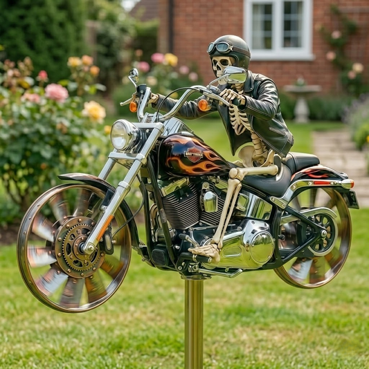 Kombinezon ze skóry szkieletu jadący motocyklem w wiatraku ogrodowym