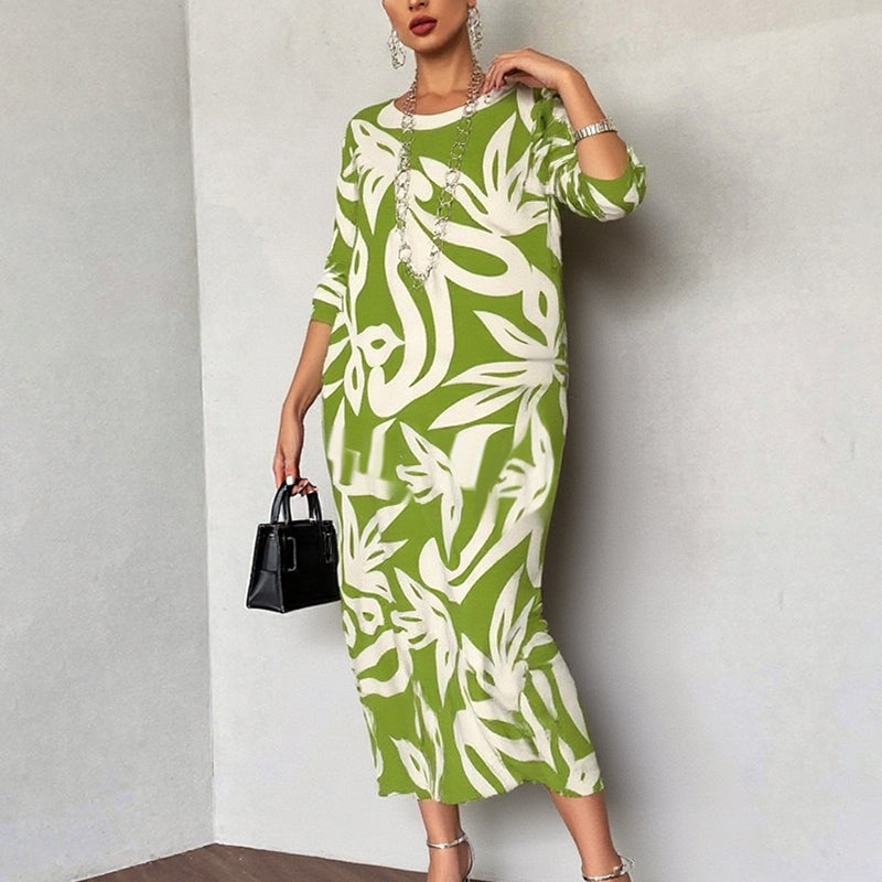 🌼Elegancka, luźna, z okrągłym dekoltem, wzorzysta sukienka damska