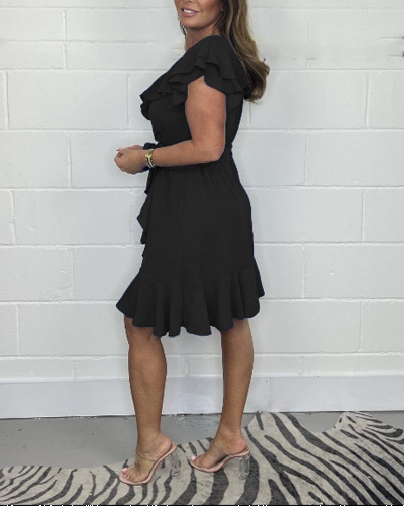 2025 Lato Nowa Sukienka z Dekoltem w Serek Sukienka w Jednolitym Kolorze Falbana