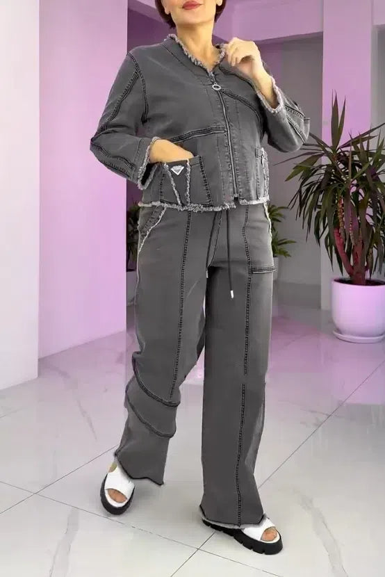 Damski garnitur z jeansu vintage z zamkiem błyskawicznym