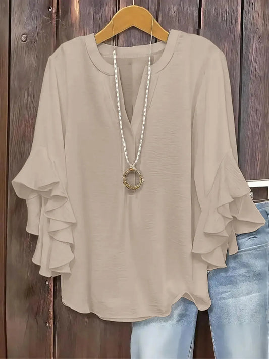 Plus Size Women's Ruffle Sleeve V-Neck Shirt, Elegant Floral Design, Comfortable and Stylish, Perfect for Casual Wear