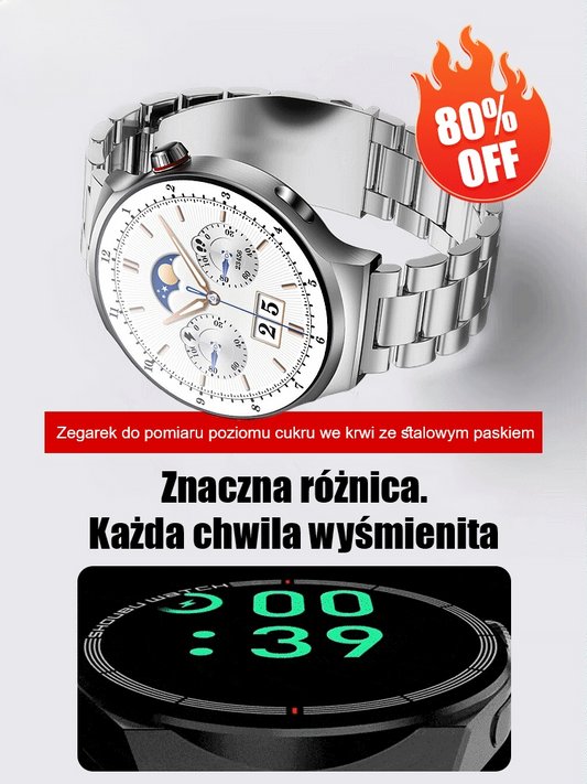 Zegarek do pomiaru poziomu cukru we krwi ze stalowym paskiem