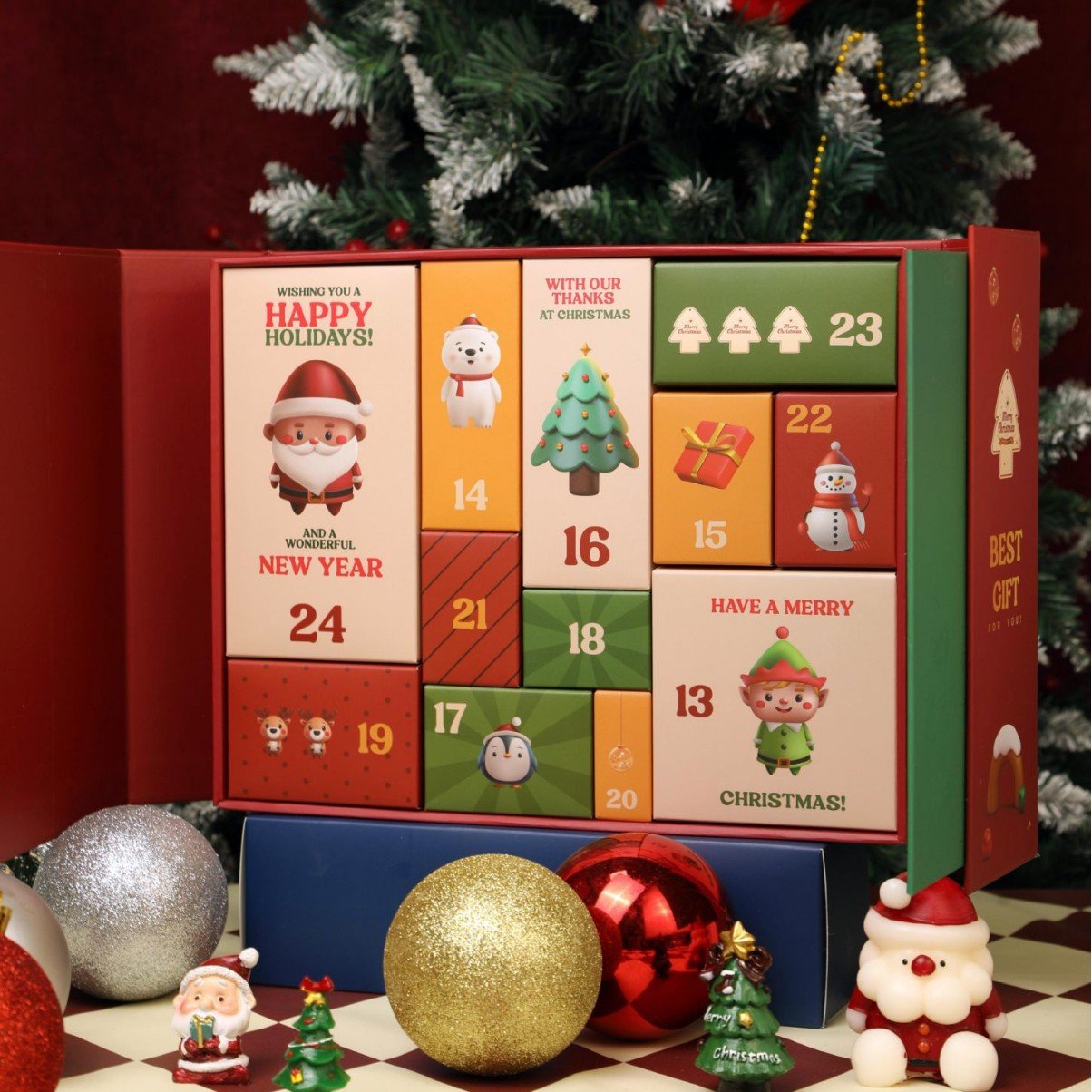 Różowy marmurowy kalendarz adwentowy 2025, 24-dniowe pudełko z odliczaniem do świąt Bożego Narodzenia