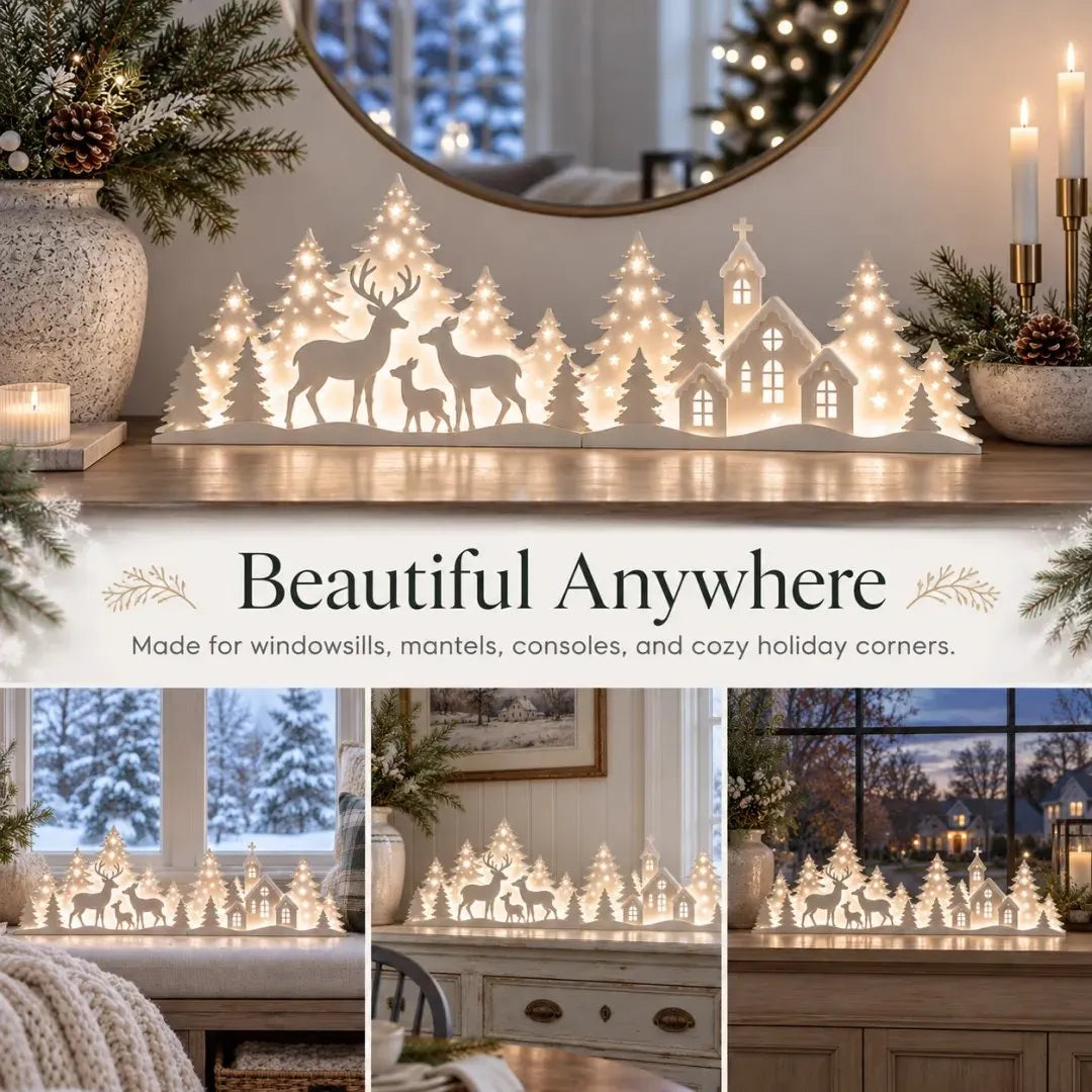 🦌 LED Christmas Deer & Village Window Decor | 2-Piece Lighted Scene