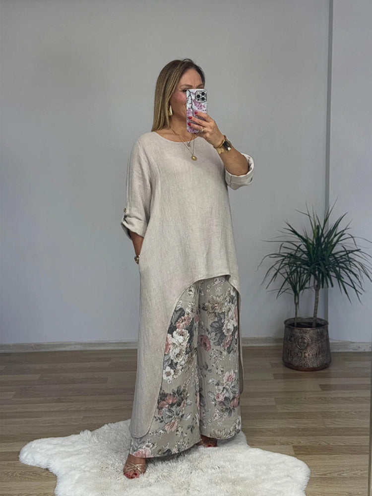 Casualowy nieregularny top i spodnie z szerokimi nogawkami Zestaw bawełny i lnu
