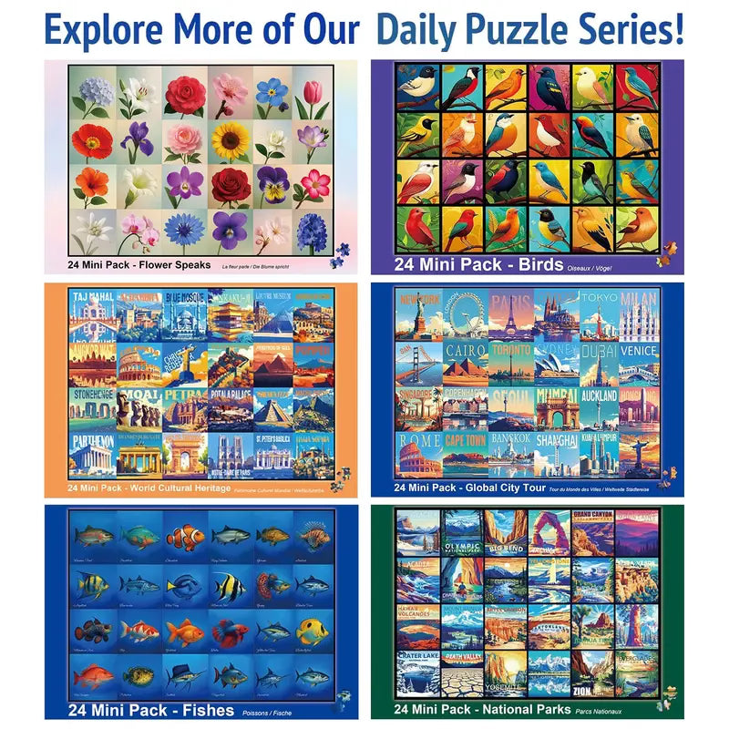 Rokt&razo Travel Series, 24 mini puzzle po 1000 elementów, 8 naklejek, 3 tematy: parki narodowe, światowe dziedzictwo, globalna wycieczka po mieście