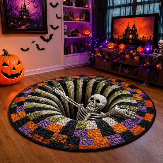 🔥Ostatnia wyprzedaż🎃Pikowany okrągły dywan na Halloween z trójwymiarowym szkieletem i spiralą