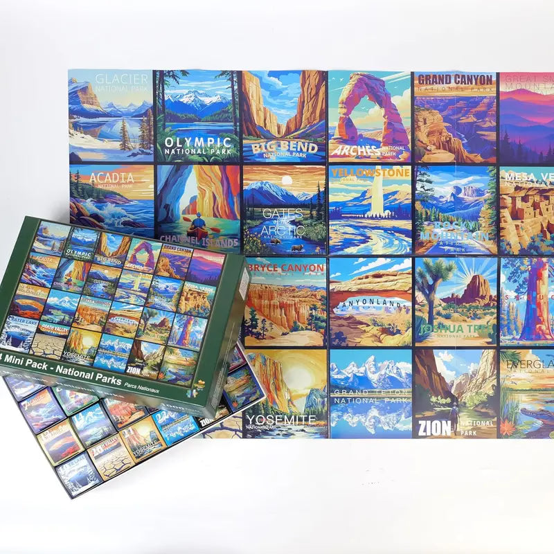 Rokt&razo Travel Series, 24 mini puzzle po 1000 elementów, 8 naklejek, 3 tematy: parki narodowe, światowe dziedzictwo, globalna wycieczka po mieście