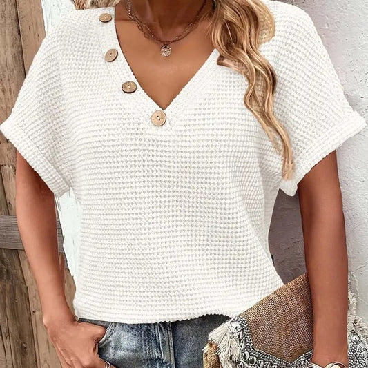 Stylowy damski top z krótkim rękawem i spiczastym dekoltem