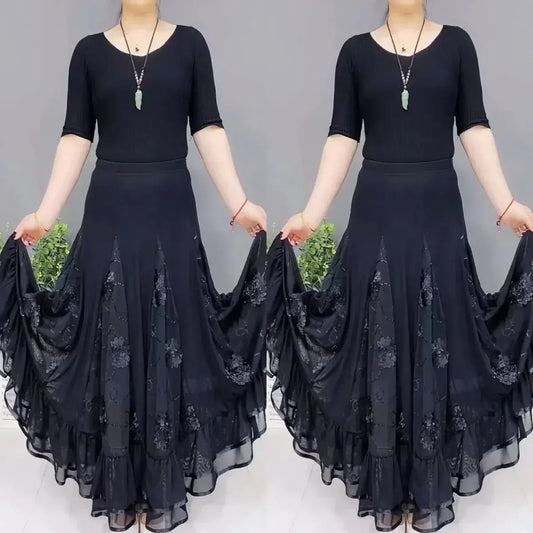 🌷🌹Nowa haftowana długa spódnica do tańca z wysokim stanem