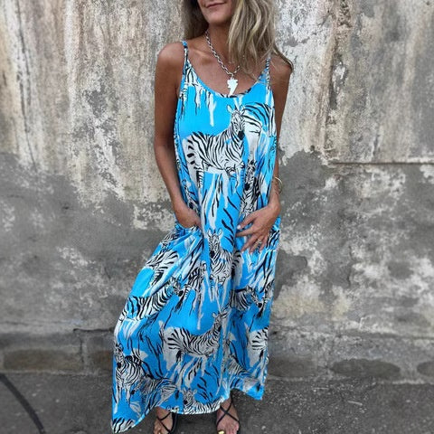 💙Damska sukienka z odkrytymi plecami i nadrukiem na ramiączkach spaghetti