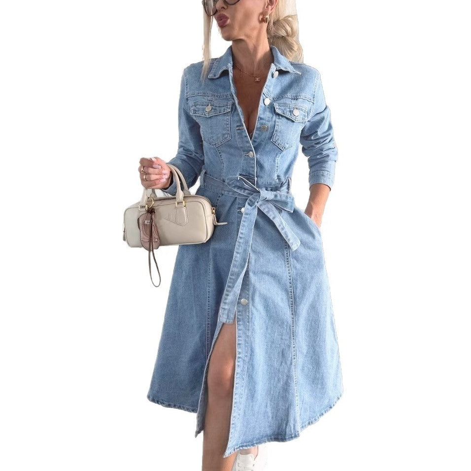 ✨Damska sukienka jeansowa z długimi rękawami i guzikami👗