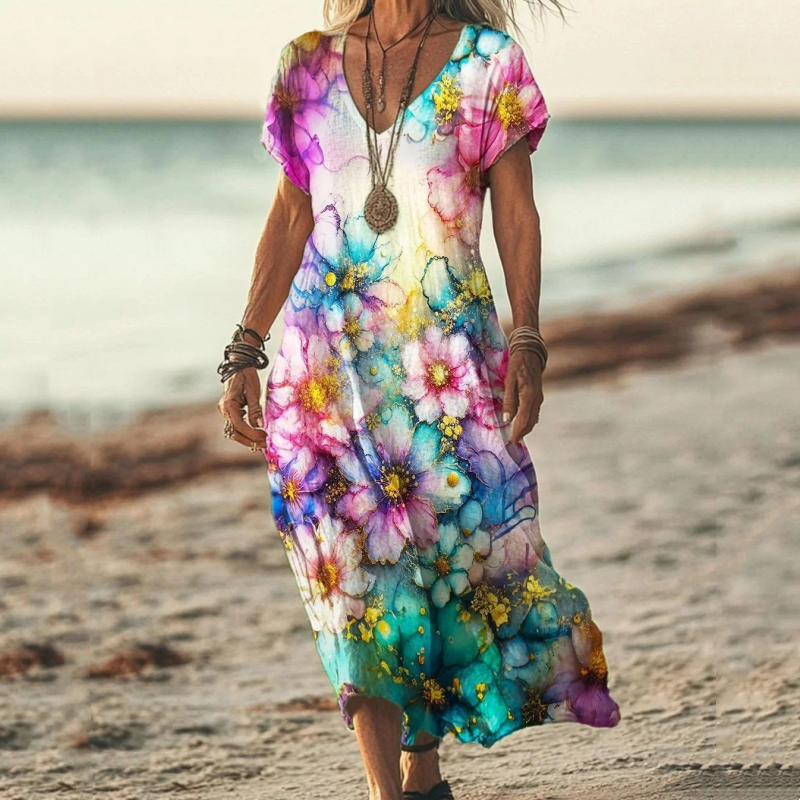 ✨Damska sukienka z krótkim rękawem i nadrukiem V-Neck