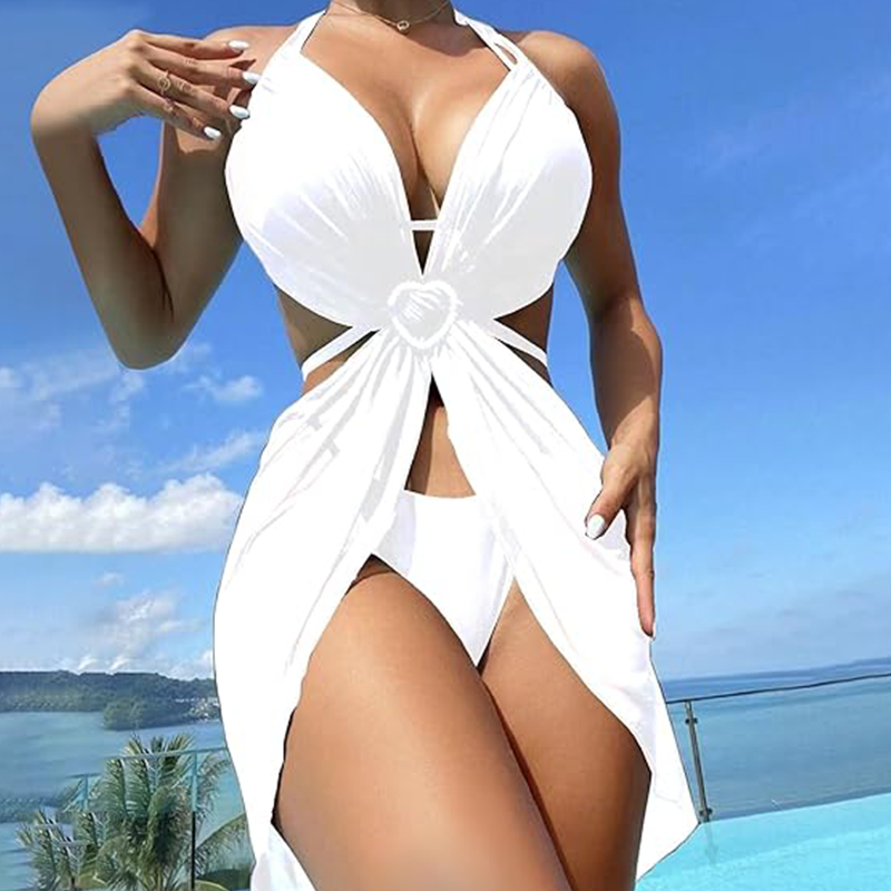 ✨Naszyjnik z krzyżem i koroną👑👙Komplet bikini bez ramiączek w jednolitym kolorze, 3 częściowy