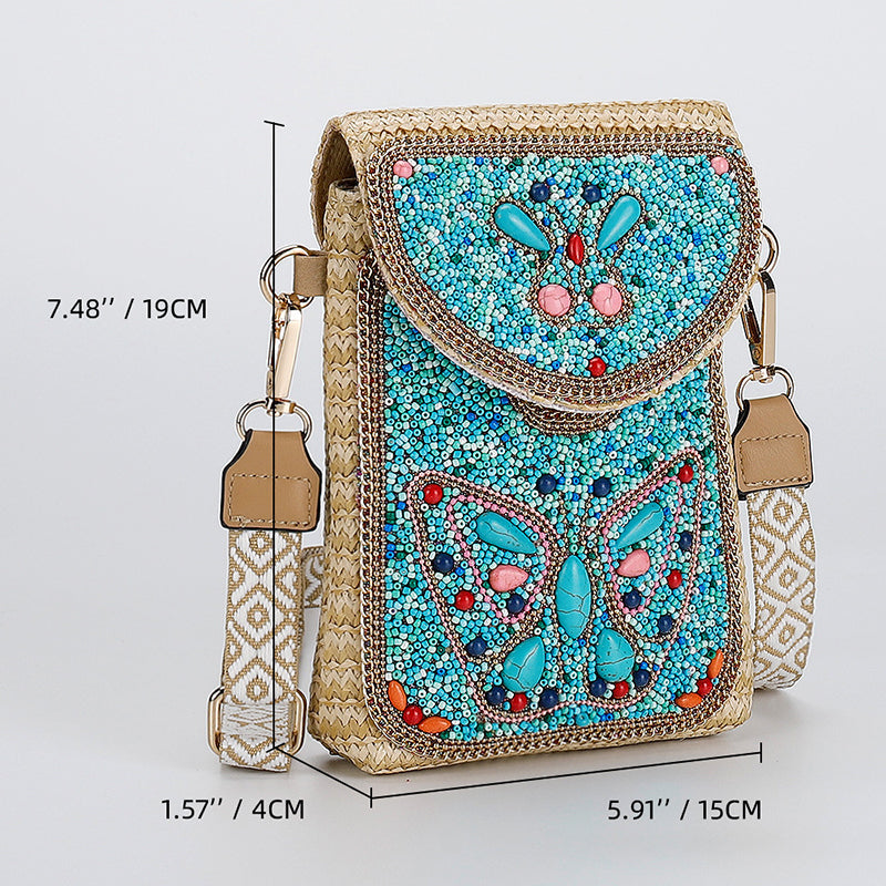 Boho Chic Mała Słomiana Torebka z Koralikami