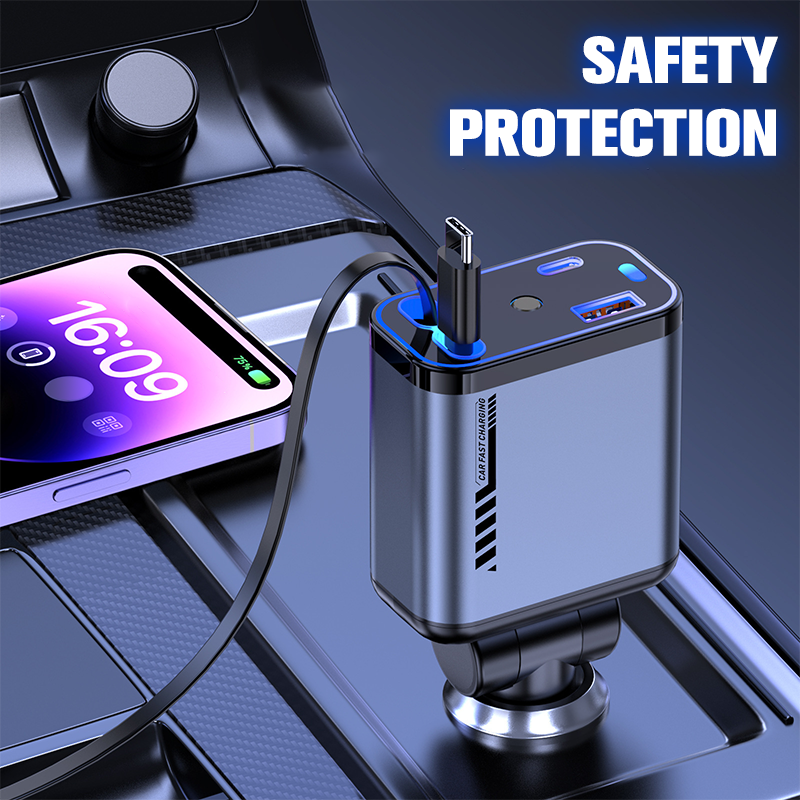 📱 Wielofunkcyjna ładowarka samochodowa z szybkim ładowaniem i chowanym kablem | Kompatybilna ze wszystkimi smartfonami