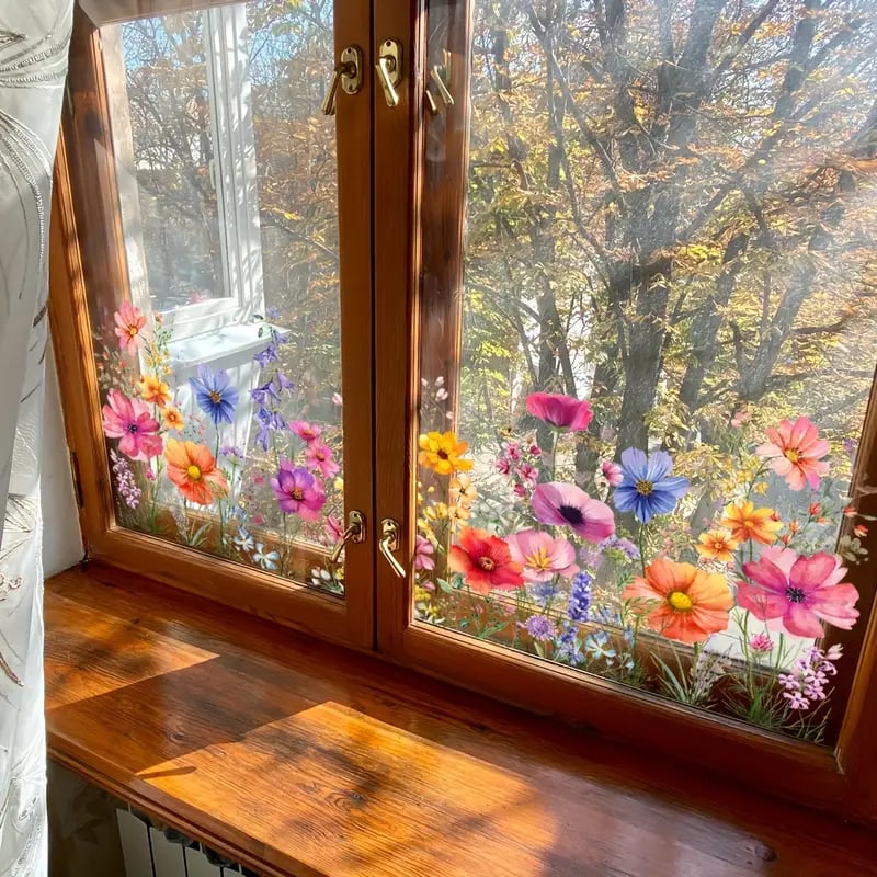 💎 Kolorowa naklejka na okno z motywem bukietu kwiatów – zdejmowana, dwustronna i przycinana na wymiar 🏡