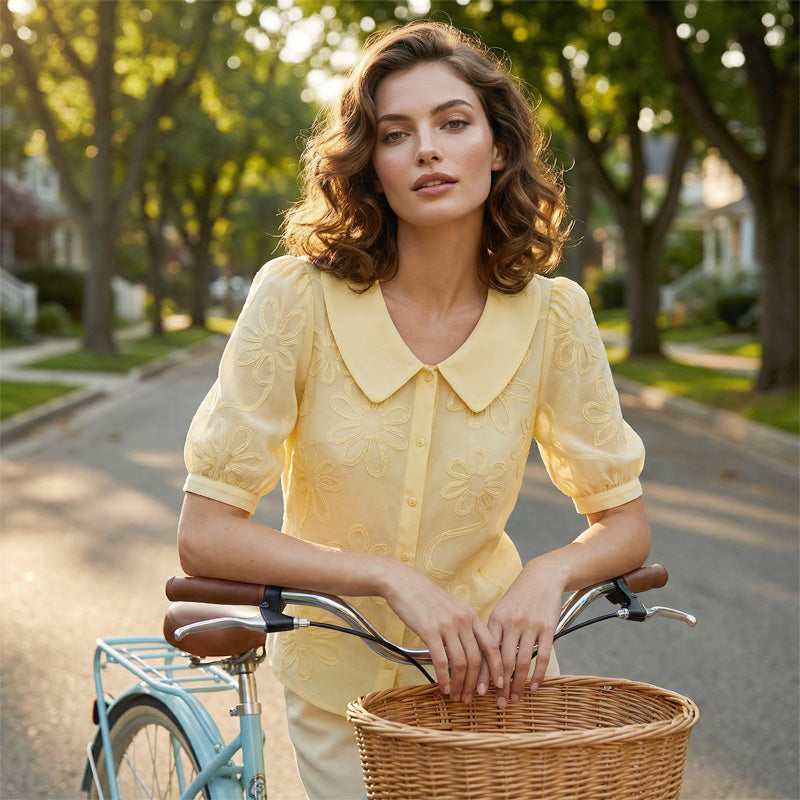 ✨Koszula z kołnierzykiem w stylu retro i kwiatowym haftem