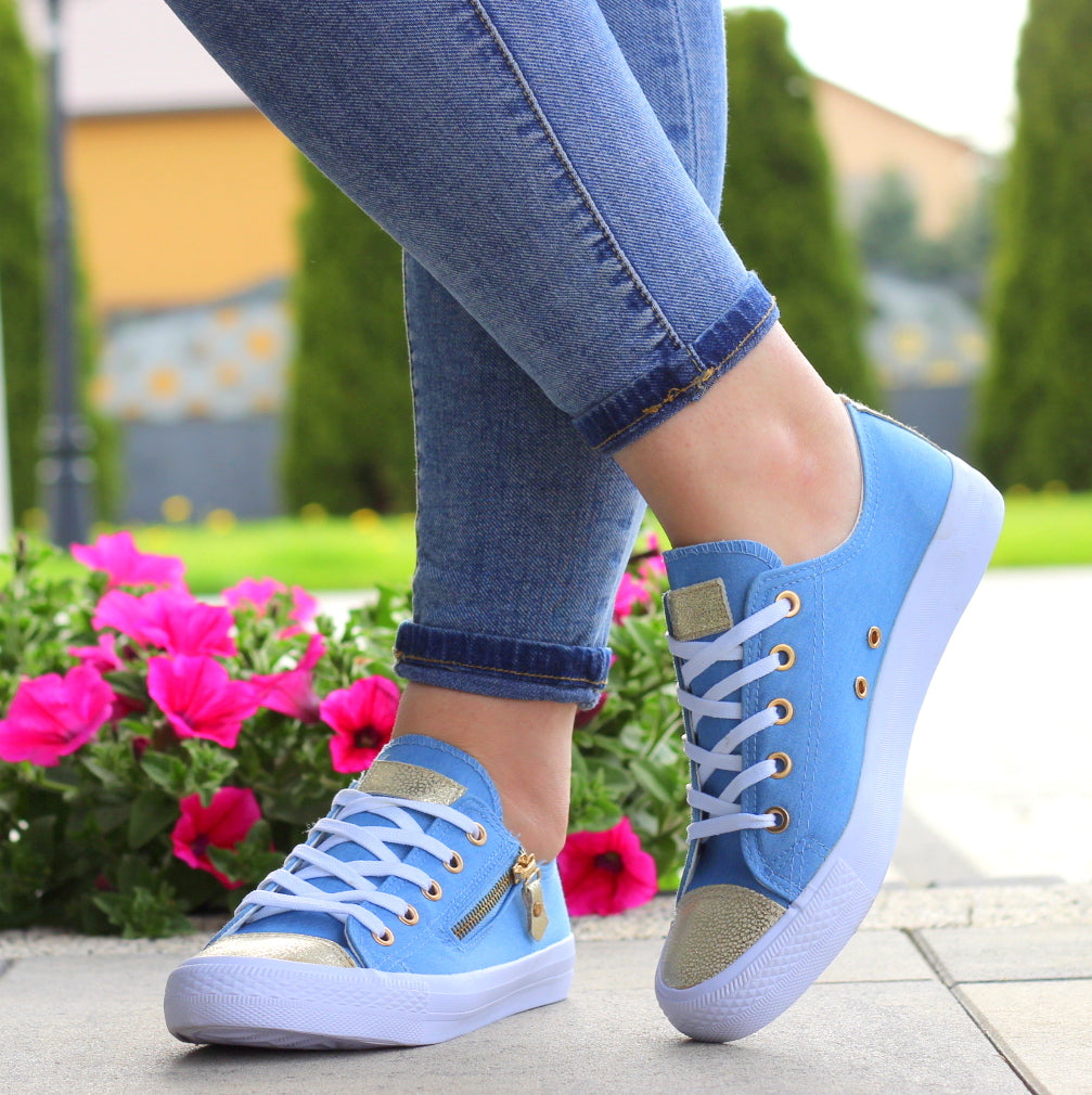 JEANS SZNUROWANE TENISÓWKI TRAMPKI ZŁOTY NOSEK SUWAK