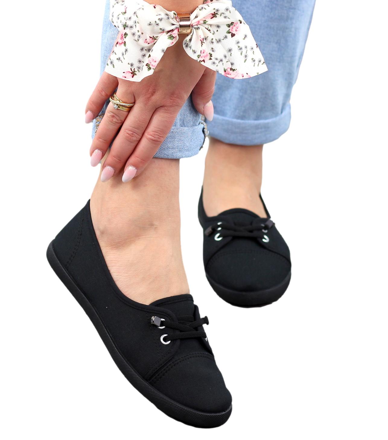 CZARNE MATERIAŁOWE WYCIĘTE TENISÓWKI BALERINKI DAMSKIE NA LATO